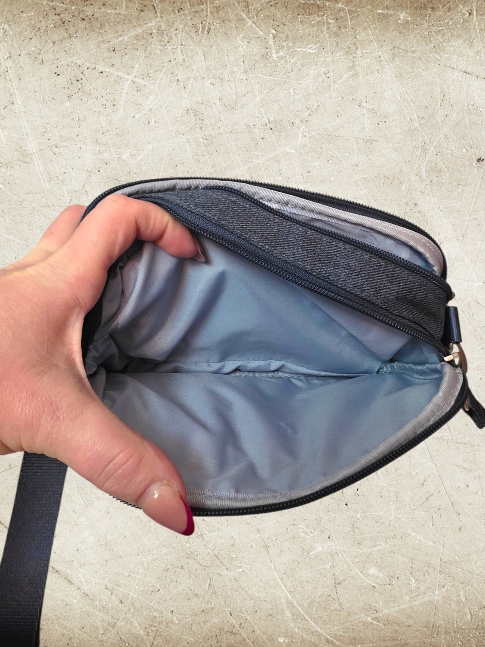 Baggallini Navy Blue Denim Crossbody Bag - Compact Everyday Carry - Picture 11 of 15